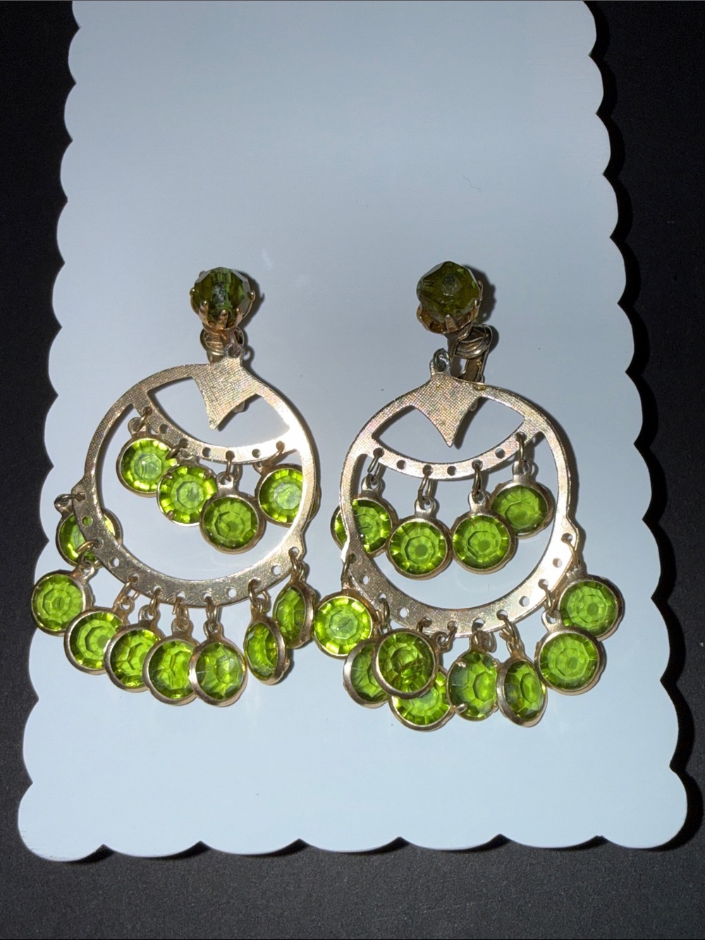 Vintage sexy Hong Kong Gold-Tone Green cha cha lucite Chandelier Earrings
